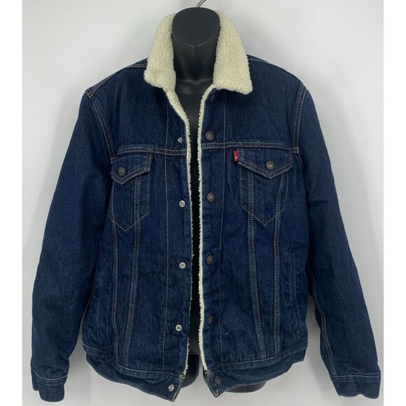Levi Strauss Unisex Denim Trucker Jacket Size Medium M Blue Snap Button Sherpa - Picture 1 of 10